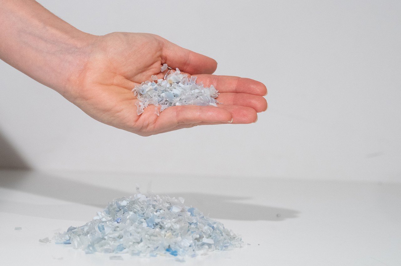 rPET comes in the form of little flakes made from empty PET packaging.